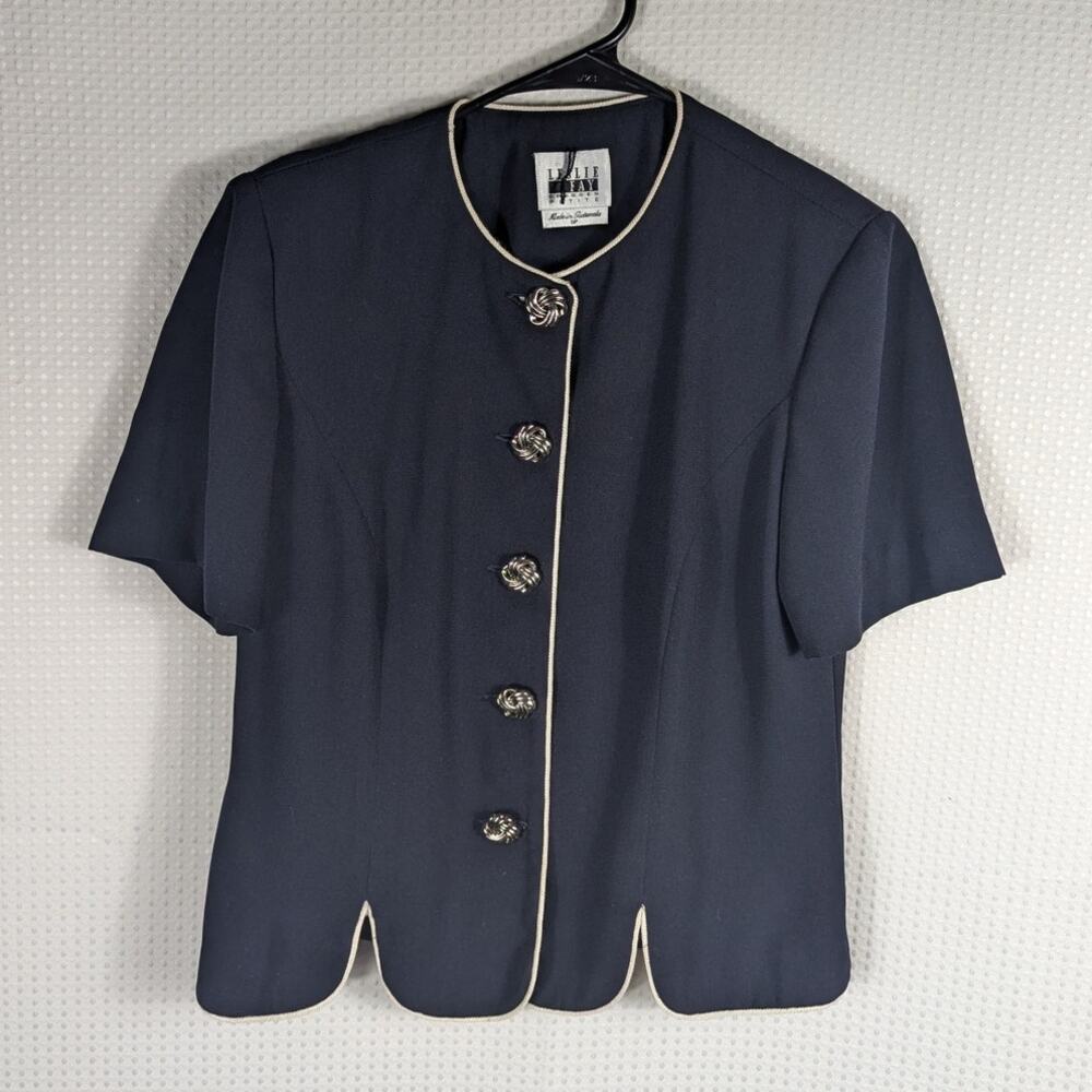 Leslie Fay Petite 6P Women's Navy Short Sleeve Skirt Suit Trim Button Front